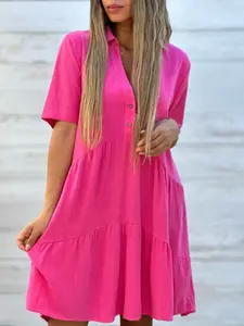 Women's Casual Cotton Linen Summer Dress, Loose-Fitting Short Sleeve Design, Pure Color Solid Lapel Neckline, Perfect for Daily & Everyday Wear & Leisure