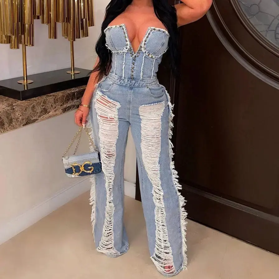 Women's Ripped Away Denim Overalls Jumpsuit - Strapless, Sleeveless, Adjustable, Casual, Style