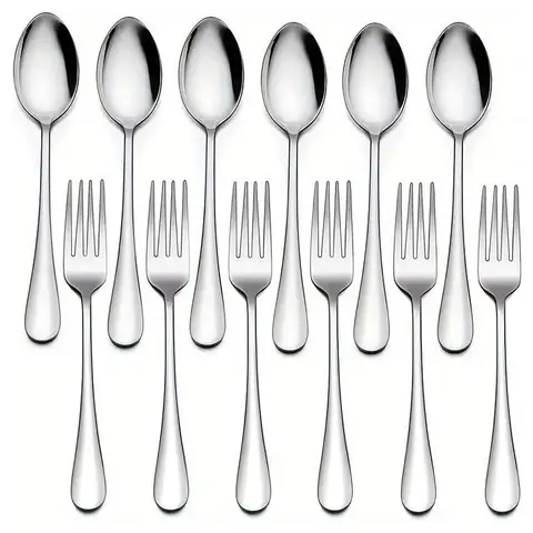 Stainless Steel Cutlery Dinnerware Set (12pcs), Including 6 Spoon & 6 Fork, Household Tableware Set for Home Kitchen Dining Room, Summer Gift