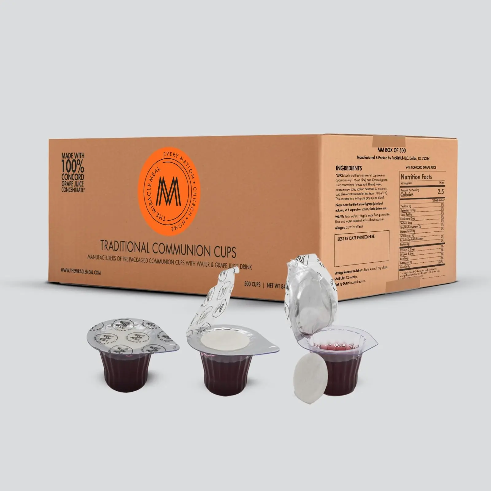 The Miracle Meal Premium Quality Guaranteed Pre-Filled Disposable Cups & Wafers Communion Set (500 Pcs Plastic Box) - 100% Concord Grape Juice, Pure Ambient Ingredients, Made in the USA