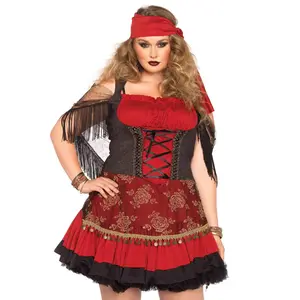 Women's Plus Size Sexy Mystic Vixen Costume Dress Set - Gorgeous Fitted Glitter Top, Fringe Coin-Trimmed Flared Floral Wrap Skirt, Lace-Up Waist, Scarf & Matching Accessories for Summer Halloween