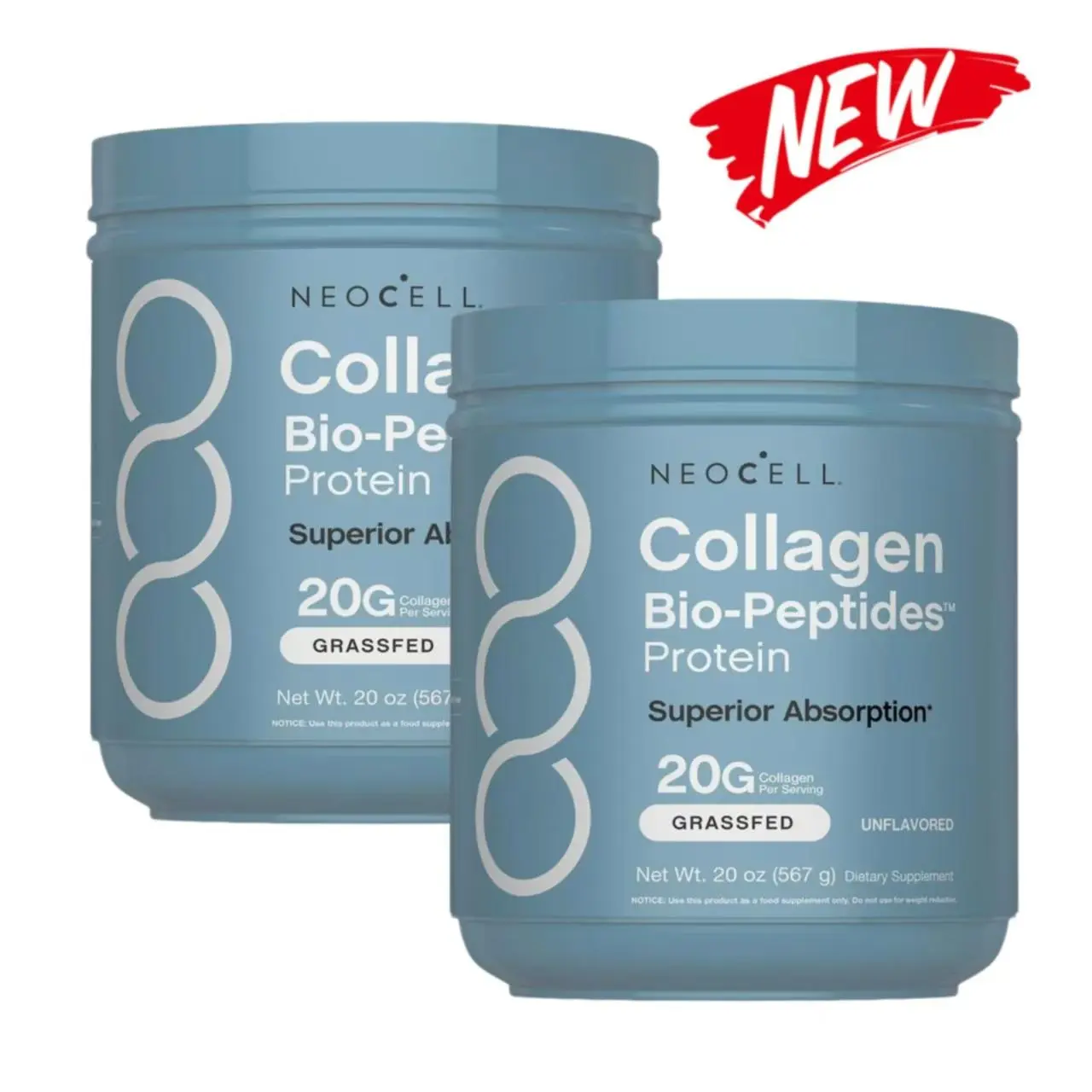 2x NeoCell Collagen Bio-Peptides Powder 20oz - Grassfed Protein Supplement - Advanced with 18 Essential Amino Acids