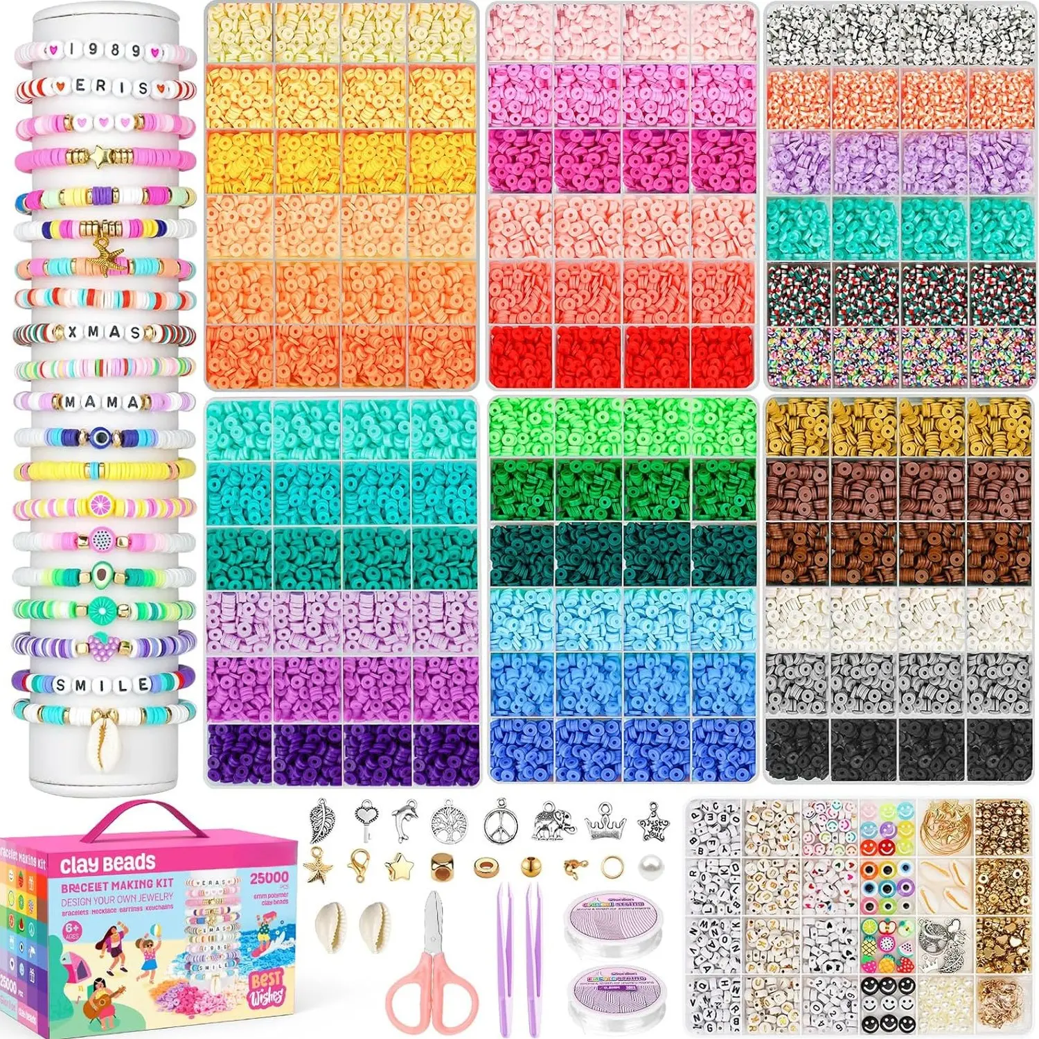 6000 Piece Clay Bead Bracelet Making Kit, 24-Color Flat Heishi Beads with Charms for Friendship Bracelets and DIY Jewelry Crafts