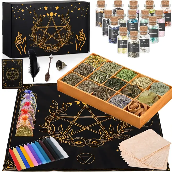 64-Piece Witchcraft Altar Kit Gift Box - Wiccan Ritual Supplies, Apothecary Herbs (Alfalfa, Cinnamon), Crystals, Candle Magic Set for Beginners, Spellwork & Perfume Making