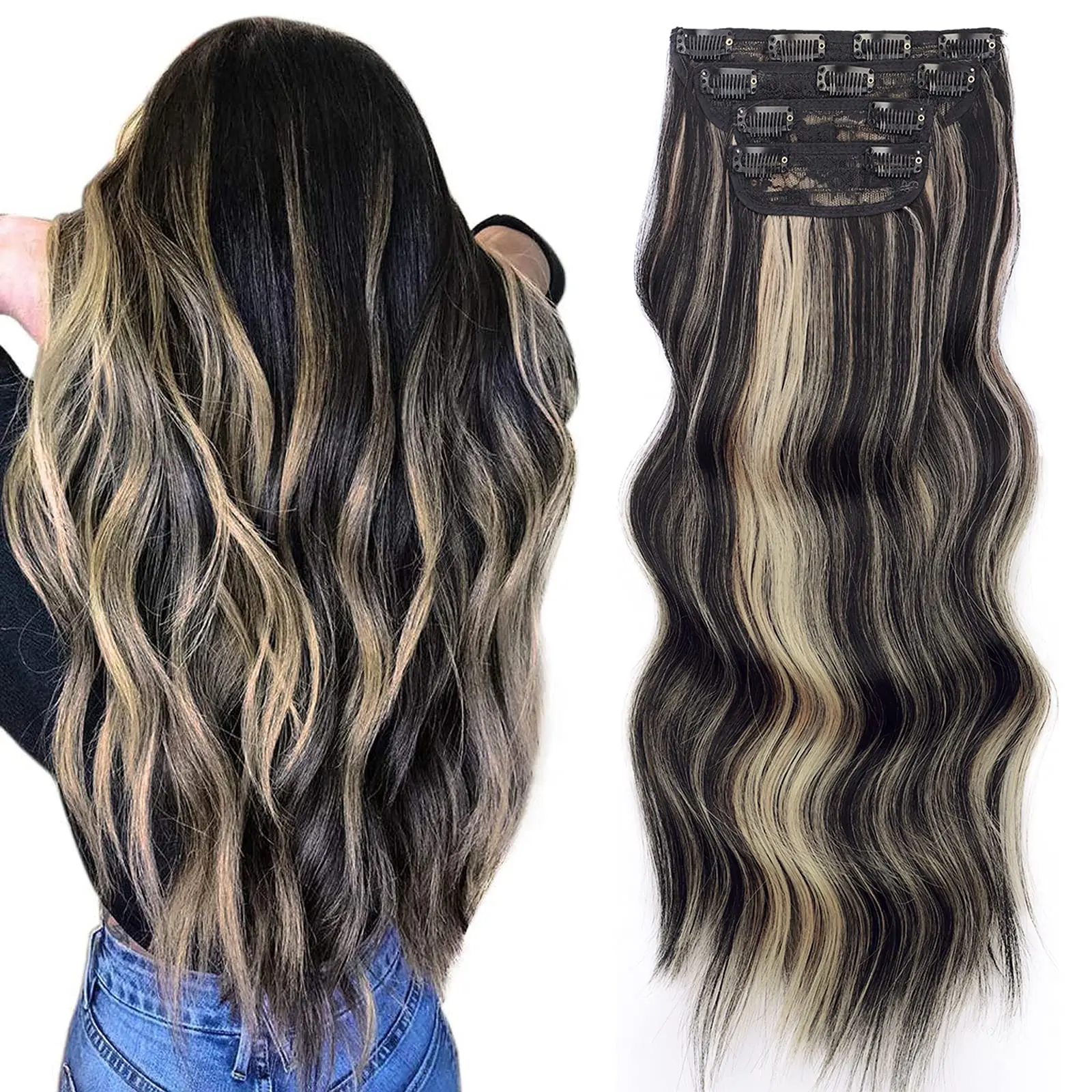 AISI HAIR 4PCS Clip-in Hair Extensions, 20/24 Inch Long Wavy Synthetic Hairpieces, Women's Thick Double Weft Heat Resistant Non-Slip Clip Comfortable Wear