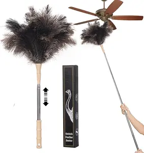 Extendable Ostrich Feather Duster, 50 inches Natural Fluffy Long Handle Feathers Dusters, Soft, Durable, Reusable for Home Office Cleaning High Ceilings, Wall, Fans, Furniture, Blinds,Roof Dusting