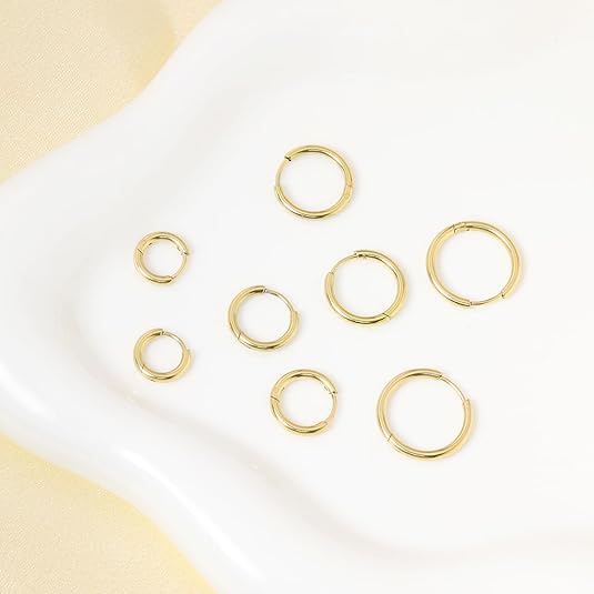 8Pcs Hoop Earrings(6mm/8mm/10mm/12mm)14K Gold Plated Hypoallergenic for Women Lightweight Perfect Gift,Fashion Accessory,Earring Stack