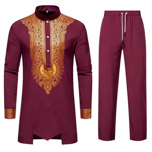Men’s African Two-Piece Set – Metallic Traditional Suit with Floral Print (Dashiki Shirt and Pants Outfit)