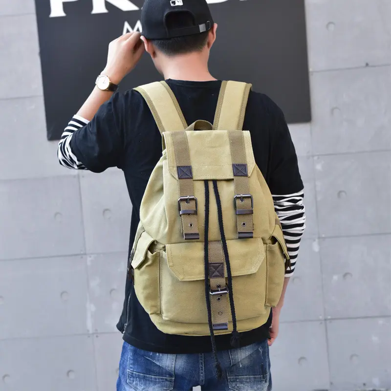 Vintage Washed Canvas Drawstring Backpack, Multi Metal Buckle Flap Rucksack, Large Capacity Multi Pocket Adjustable Shoulder Strap Daypack, Rugged Canvas Backpack for Outdoor Camping Travel Hiking School Daily Commute