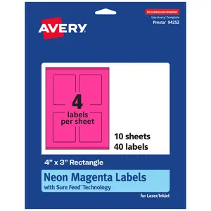Avery Neon Magenta Paper Labels, 4" x 3" Rectangle
