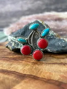 Handmade Sterling Silver Kingman Turquoise with Rosarita Adjustable Cherry Ring "Signed Nizhoni"