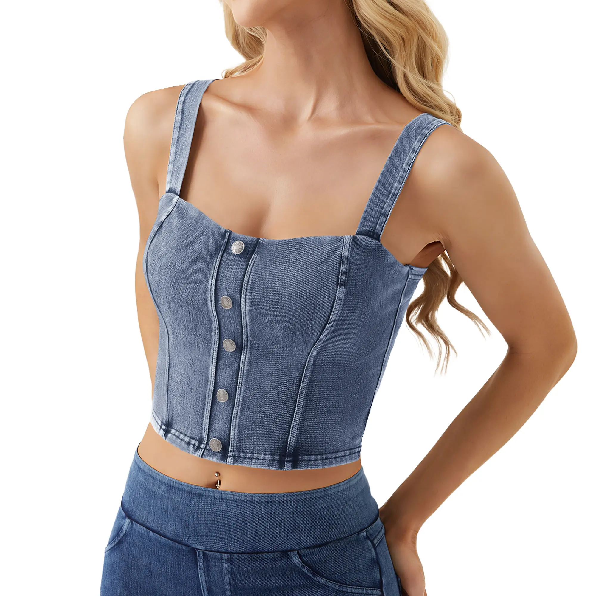 YUCOLEN 1/2pack Womens Casual Denim Tank Top Square Neck Sleeveless Slim Fit High Stretch Built-in Bra Tank Top Summer Workout Yoga Daily Wear