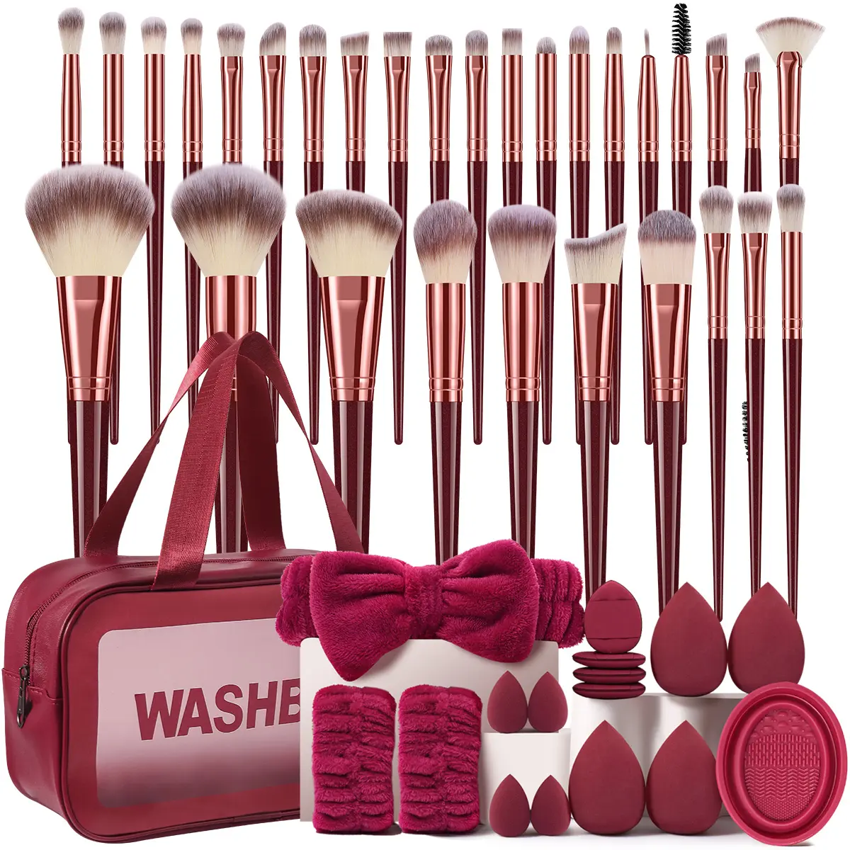 47PCS All-In-One Daily Makeup Brush Set with Waterproof Multi-Functional Zipper Toiletry Bag 30PCS Cosmetic Brushes Assorted Sponges Mini Cushion Powder Puffs Hairband Wrist Straps Brush Cleaner Portable Travel Vanity Beauty Accessories Set