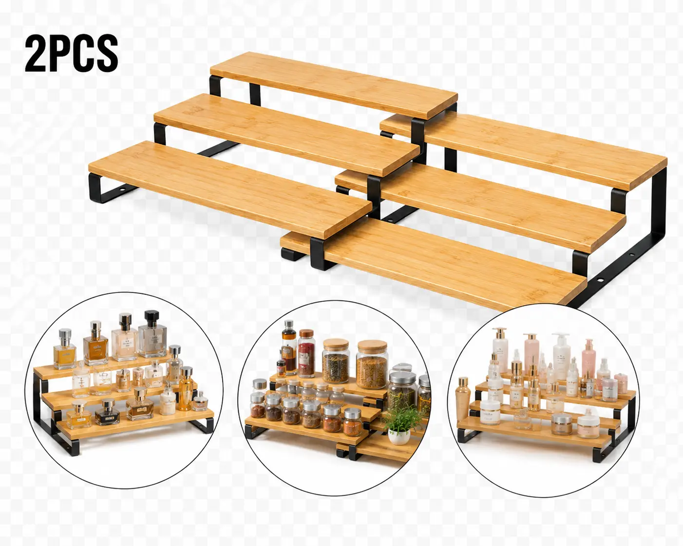 3-Tier Black Legs Display Risers Set Pack, 2-Piece Home Organizer - Kitchen Organizer, Space Saver for Perfume, Cupcakes, Figures