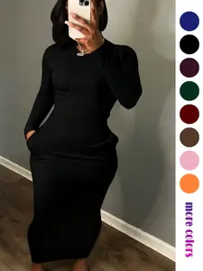 Women's Long Sleeve Dress with Pocket, Breathable Stretchy Solid Color Maxi Dress for Party, Casual and Travel, Stylish All-Day Wear