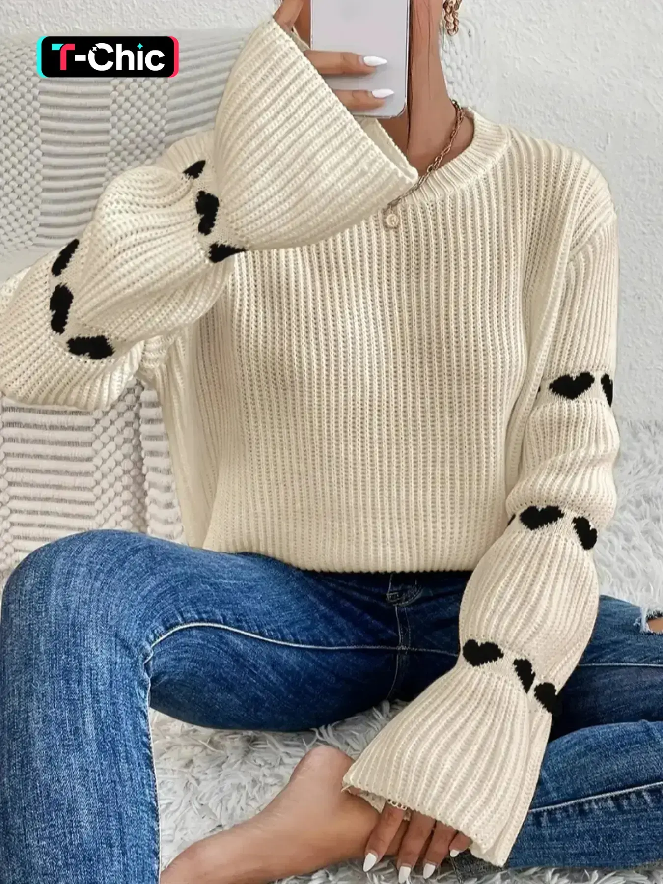 Women's Heart Pattern Layered Sleeve Sweater, Casual Fitted Knitwear for Spring & Fall, Moderate Fabric, Perfect Valentine Gift