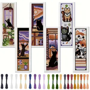 Cat Pattern Bookmark Cross Stitch Kit, Hand Embroidered 6 Counts/set DIY Cross Stitch Fabric with Embroidery Tool, Embroidery Thread & Instructions, Cross Stitch Accessories for Beginners