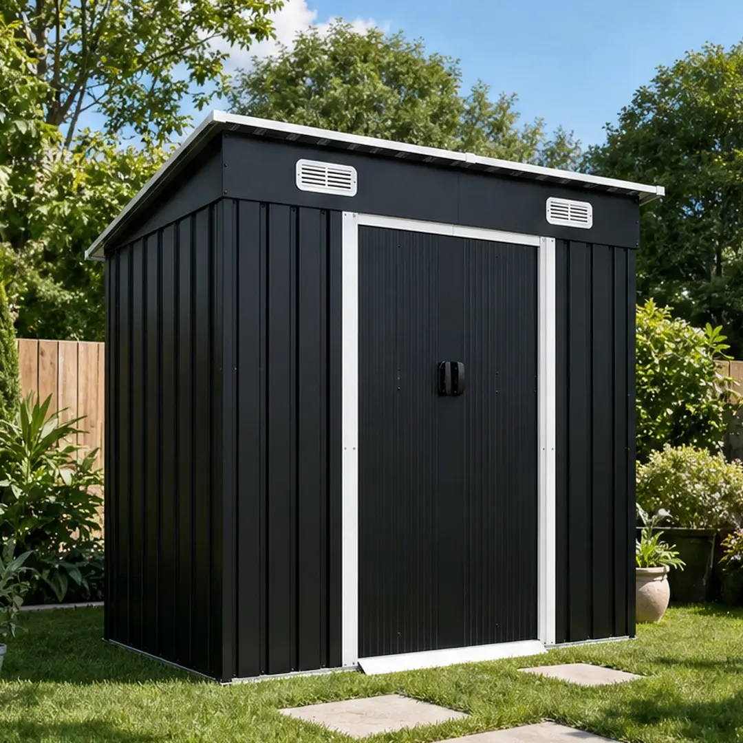6x4ft Galvanized Steel Outdoor Storage Shed with Sliding Doors, Ventilation Vents, Threshold, Metal Garden Tool Storage Building for Backyard, Patio, Yard, Black, Black Color Options, Metal Material, Product Weight: 80.03 lb, Color: Black