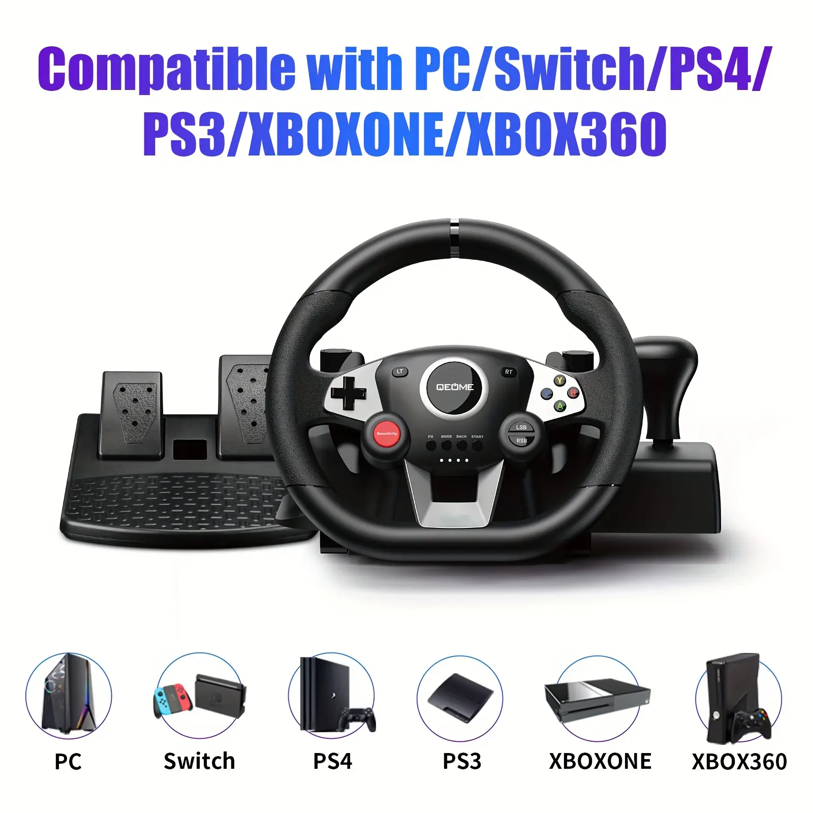 270° Wheel & Pedals Racing Game Controller, USB Wired, High Vibration Feedback, Programmable Keys, Adjustable Console Connection, Multi-Platform Compatible for PC Racing Simulation
