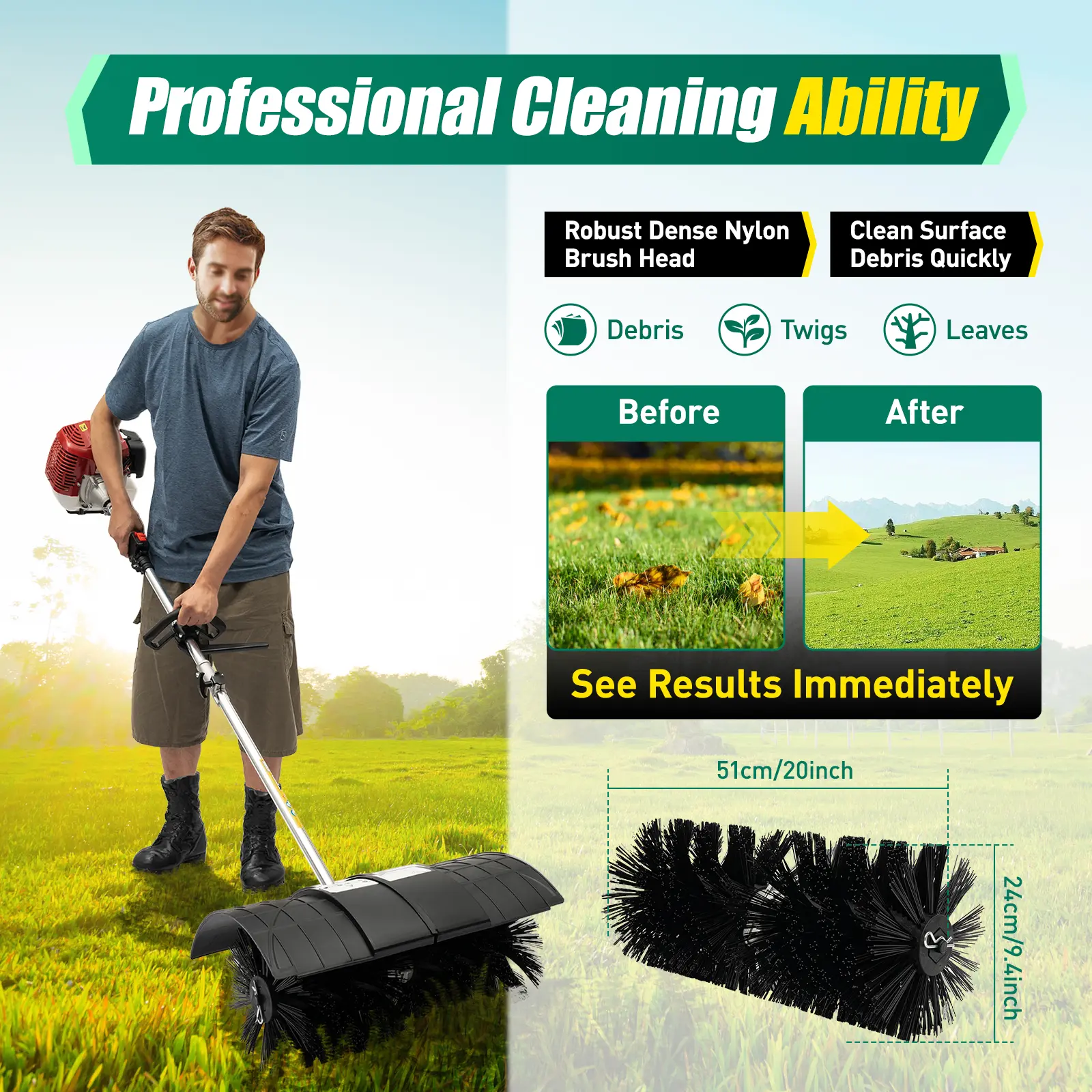 CNCEST 52CC 2-Stroke Gas-Powered Handheld Sweeper Broom with Handle, 1.25 kW Power for Driveways, Turf & Snow Cleaning