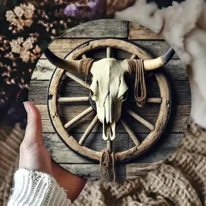 Vintage Cow Skull Wheel Design Artistic Wall Decor, Western Wall Art, Decorative Artwork, Home Decor Accessory, Rustic Wall Decor for Homes Gardens Cafes, Ideal Gift for Holidays and Friends