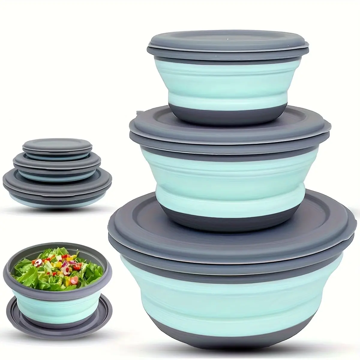 3 Foldable Silicone Camping Bowls with Lid, Expandable Food Storage Container, Rust-Resistant PP Material, Free Folding Utensils and Bag, Camping Picnic Tableware, Picnic Essentials