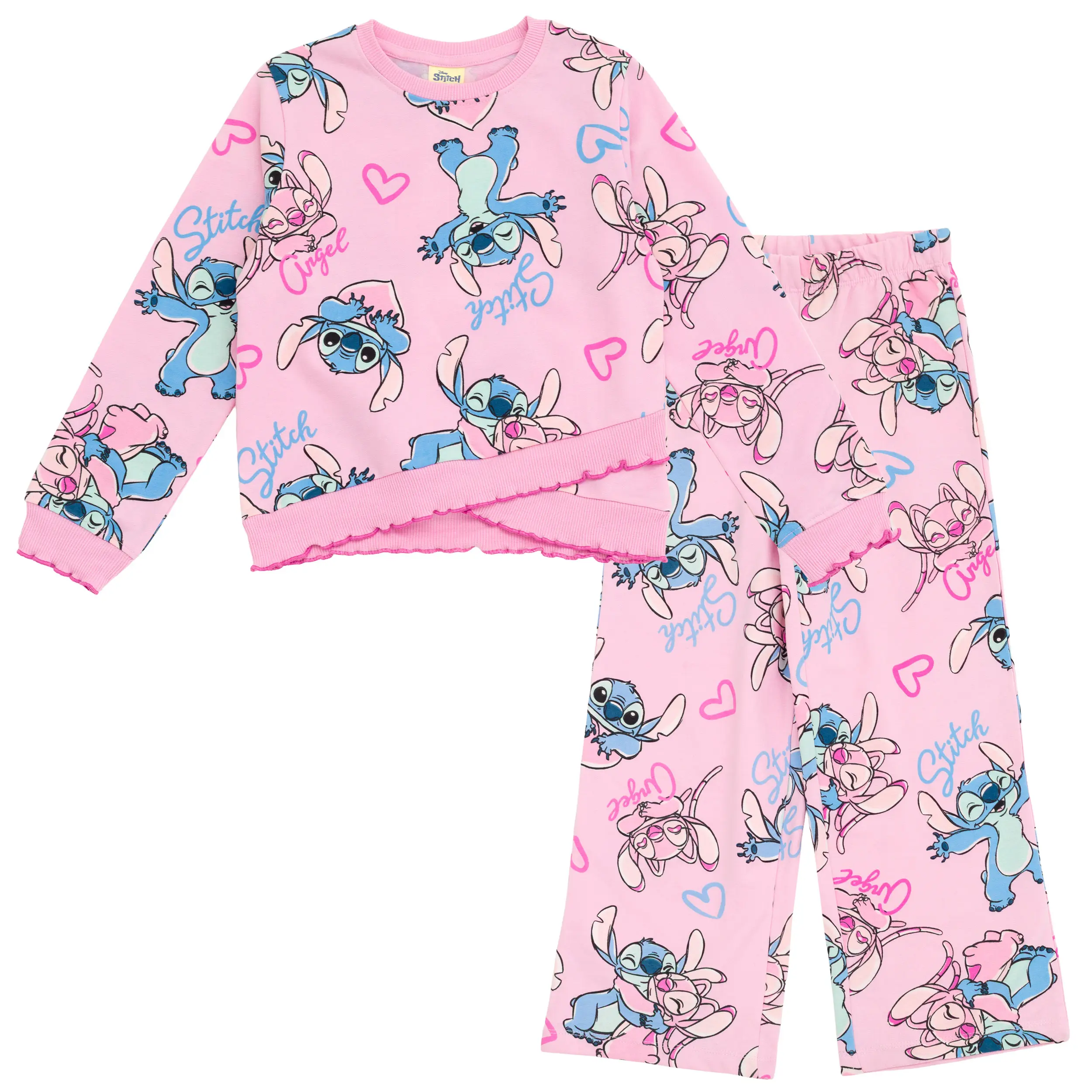 Disney Lilo, Stitch and Angel Girls' 2-Piece Angel Theme Coordinated Sleepwear - 240 GSM Fleece Long Sleeve Pullover & Pants Set, Pink, 4-5 Years, Matching Pajamas Set, Cozy Look