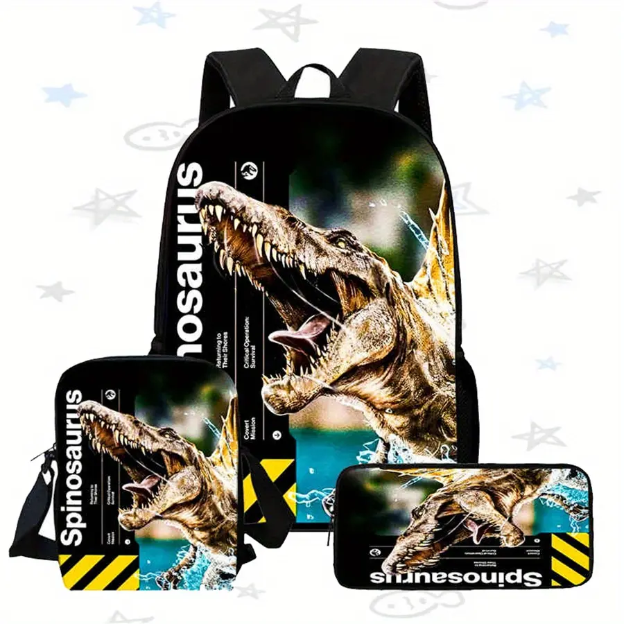 Kids' 3-Piece Spinosaurus Dinosaur Backpack Set - Oxford Cloth, Hyper-Realistic Spinosaurus Design, Top Handle, Adjustable Straps, Jurassic Print for Elementary School Back to School, Includes Backpack, Lunch Bag, Pencil Case, Hand Wash Only
