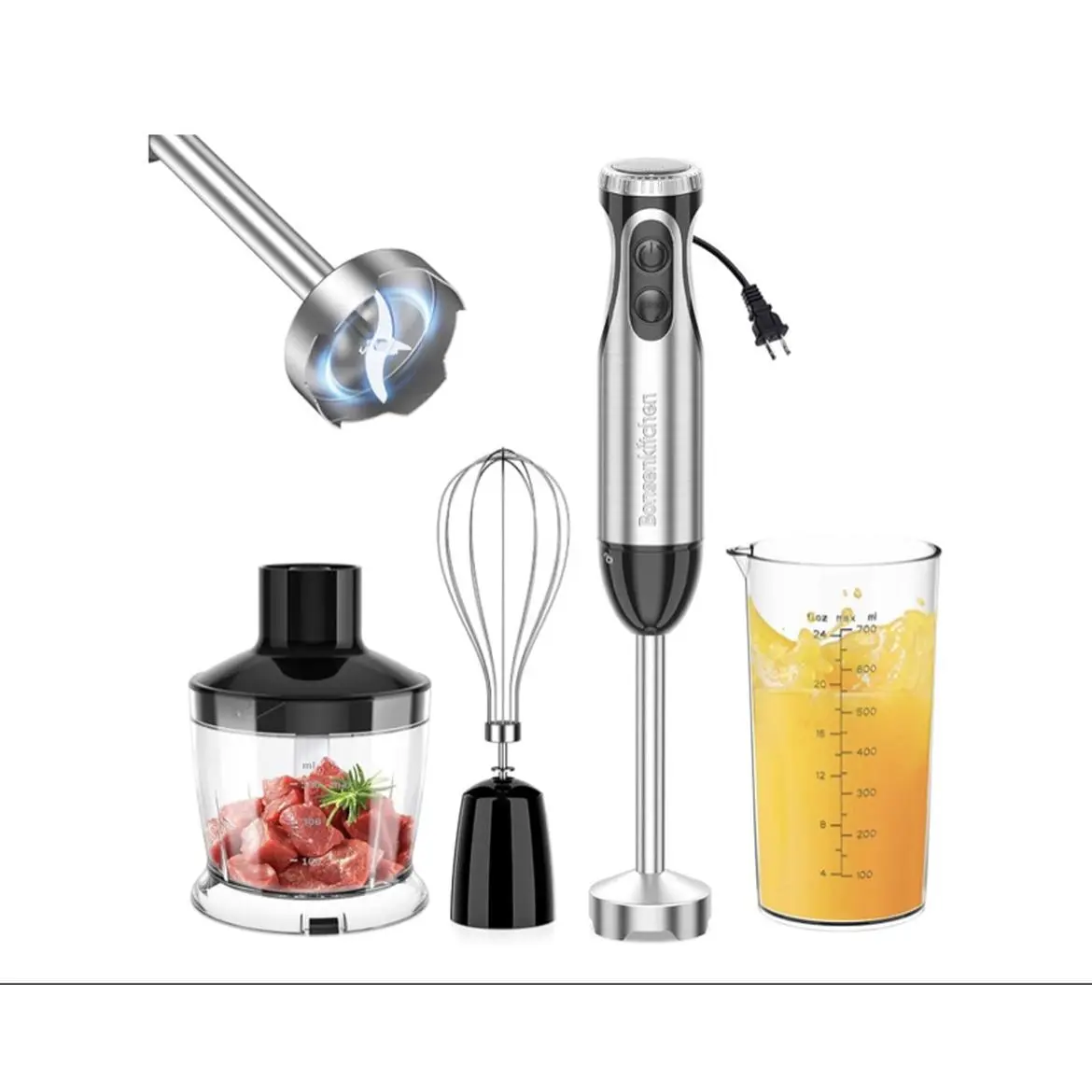 Bonsenkitchen Immersion Blender with Food Processor 20 Speeds Turbo Mode 4-in-1 Emulsion Hand Blender Egg Whisk 24 oz Beaker Chopper Bowl Portable Hand Mixer for Smoothie Soup Baby Food