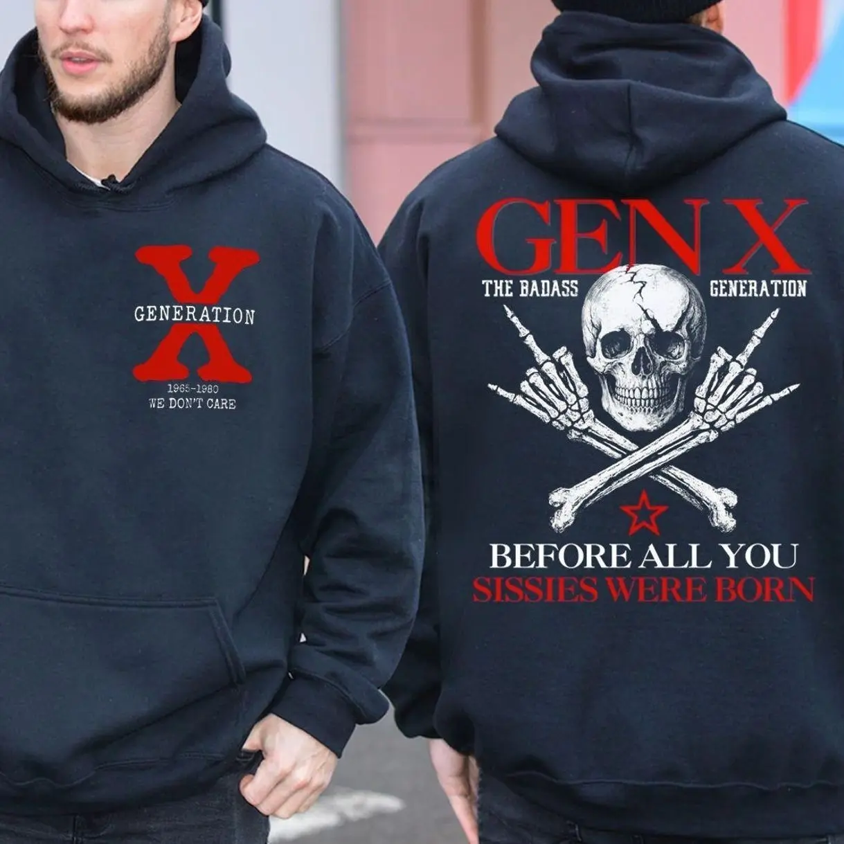 Gen X The Badass Generation Hoodie, Funny Skull Vintage Retro Oversized Pullover Hoodie for Men & Women, Sarcastic Humor Design Trendy Christmas Gift for Gen Xers