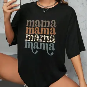 USA Made【Mother's Day GIFT】 Mama Plus Size White Black Cute Casual Outfit Women Tee TShirt Skull Mama Letter Print Graphic Crew Neck Soft Short Sleeve T-Shirt Tops