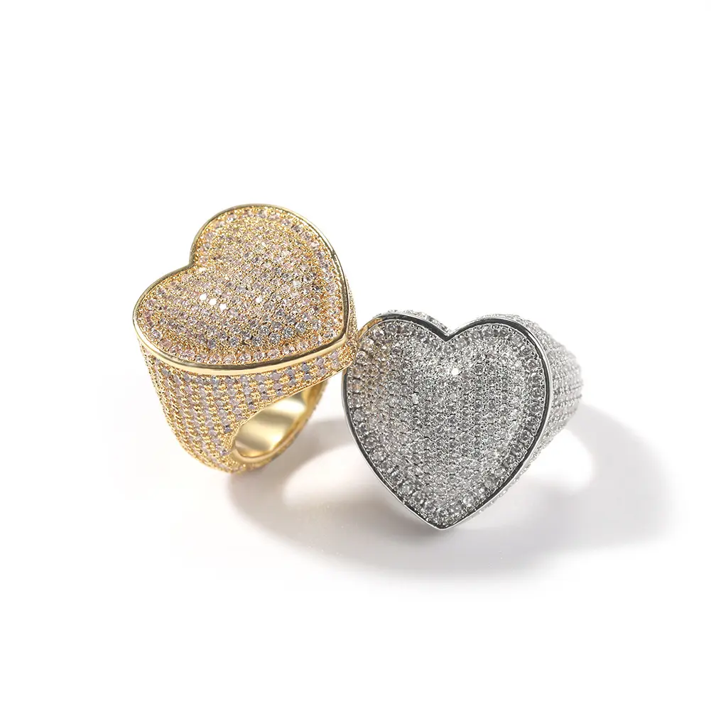 3A Cubic Zirconia Copper Heart-Shaped Ring Set, Artificial Gemstone Costume Jewelry, Hip Hop Streetwear Accessories
