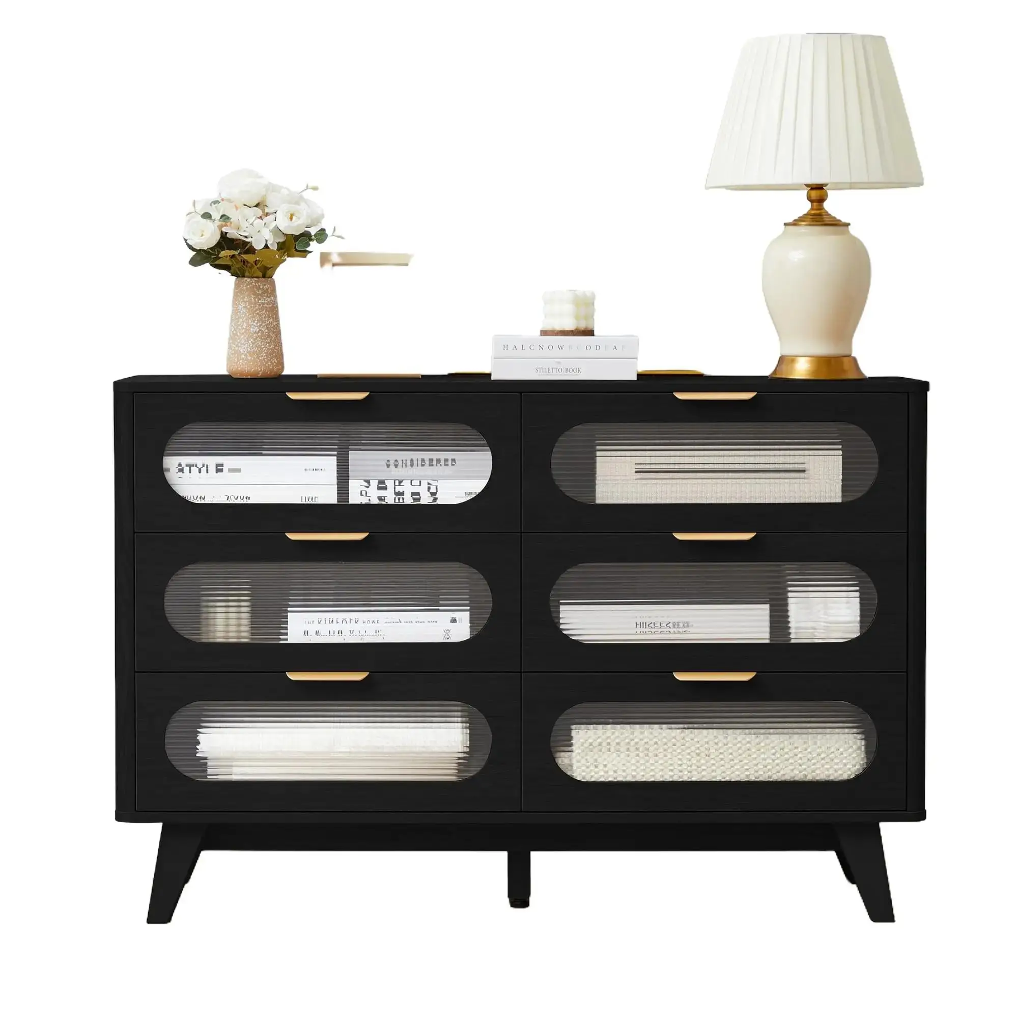 Giratree 6 Drawer Dresse, 47" Wide Modern Chest of Drawers with Acrylic Glass Design, Dresser TV Stand, Wood Drawer Organizer for Bedroom, Living Room