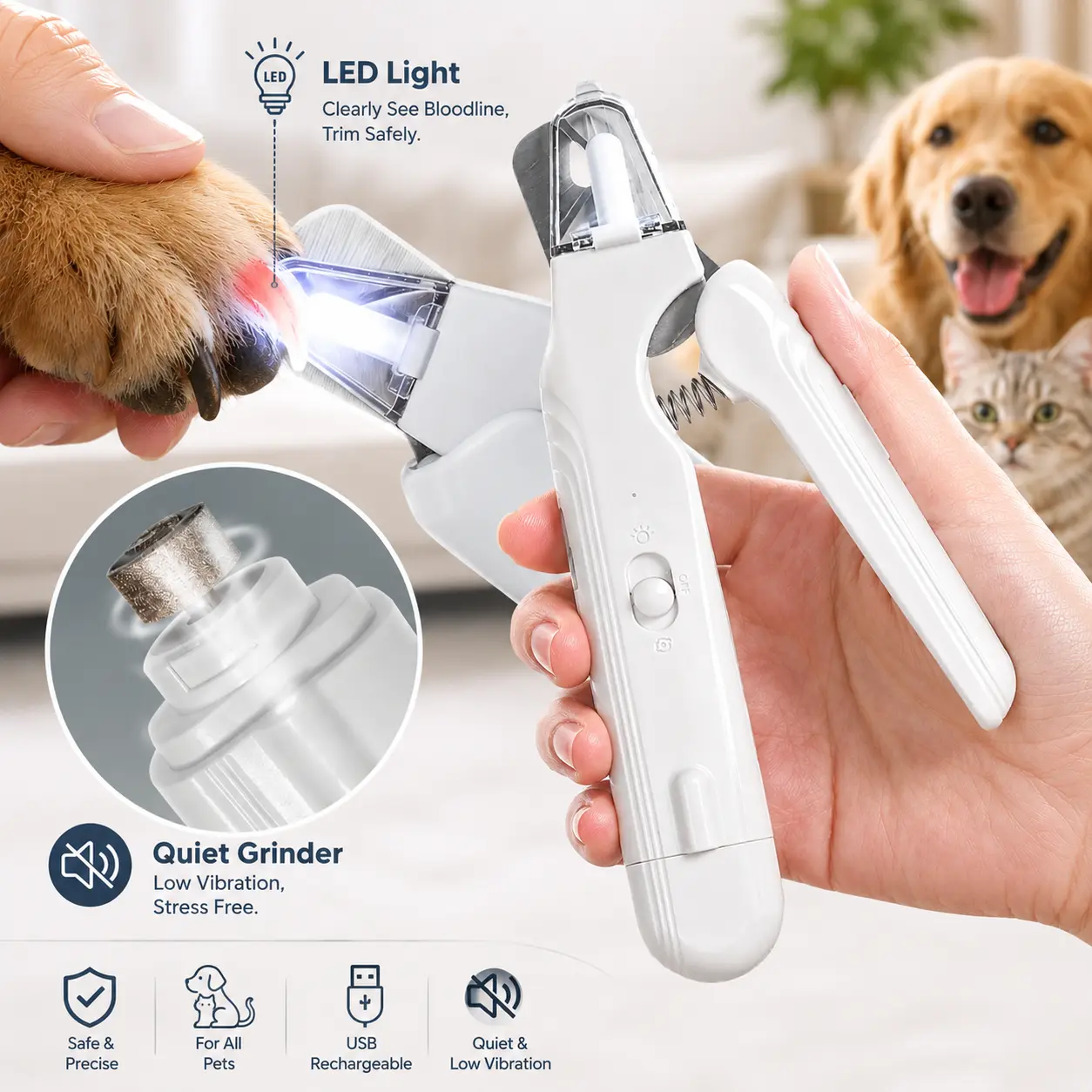 Dog & Cat 2-in-1 Paw Trimmer Set - LED Light Nail Grinder, Stainless Steel Clipper, Quiet Low-Noise Operation, USB-C Rechargeable for Easy Charging, ABS Safe Quick View Design, Splash Guard Keeps Workspace Cleaner, Universal for All Pet Sizes, Home Use
