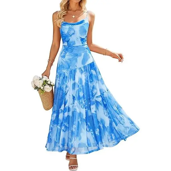 ZESICA Women's Summer Floral Sleeveless Maxi Dress 2026 Boho Mesh Beach Wedding Guest Spaghetti Strap Flowy Long Dresses