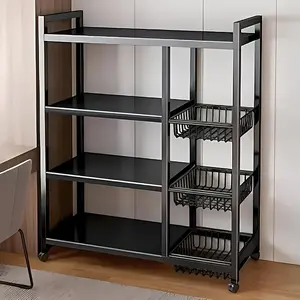 1pc Movable 4 - Tier Kitchen Storage Rack With 3 Wire Baskets Adjustable Metal Shelf With Wheels For Kitchen Garage Pantry Bathroom Closet Home Organization Gift