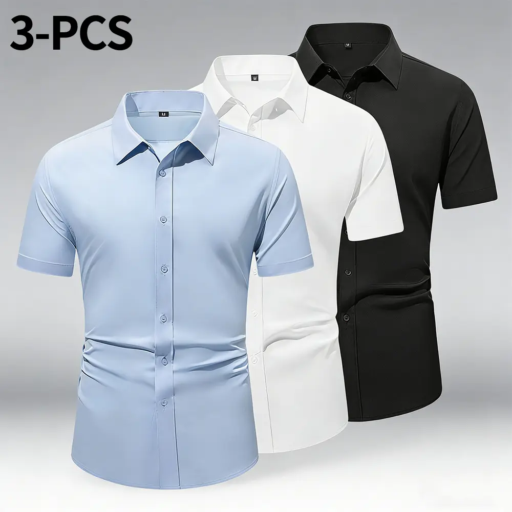 Men’s three-pack casual, business, anelegant short-sleeve shirts in solid colors with turn-down collars; breathable fabric; lightweight button design; suitable for dinners, office work, parties, OL/corporate formal wear. white tee vintage streetwear, Mens