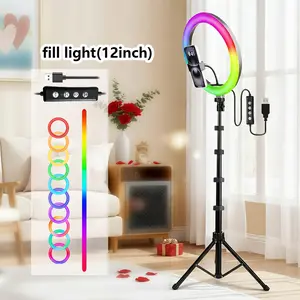 12'' RGB Selfie Ring Light with 63’’ Tripod and Phone Holder, 30 Color LED Light for  Recording, Stepless Dimmable/Speed LED Ring Light for iPhone & Android, Live Streaming,  Shooting, Ambient Lighting#Mother's Day Gift