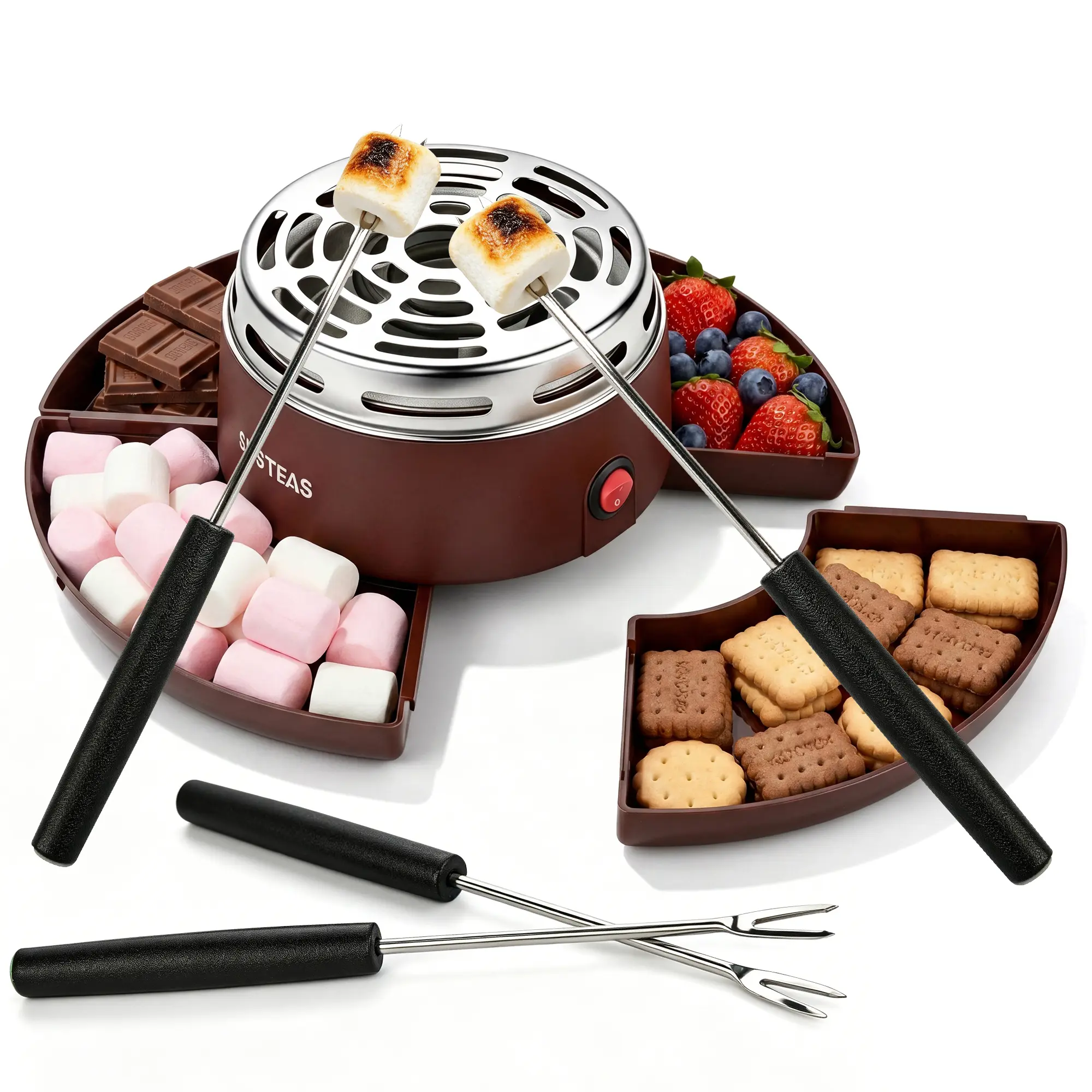 SUSTEAS Compact Indoor Flameless Electric S'mores Maker - 4 Trays, 4 Forks, Chocolate Fondue Pot for Parties, Gift-Giving