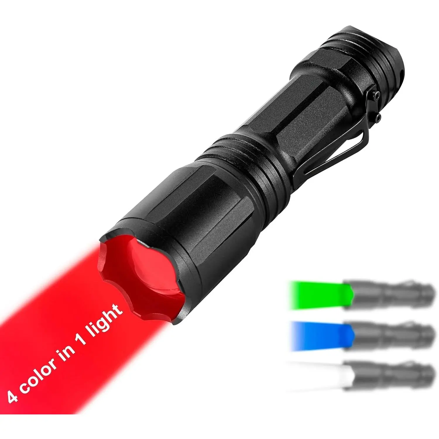 Upgraded Zoomable Red Flashlight, 4 Color in 1 Flash Light, Green Red Blue White Multi-Color RGBW Led with Memory for Night Vision, Fishing, Astronomy( Not Included)