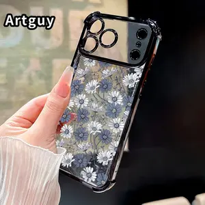 Electroplated Four Corner Anti-Fall Daisy Blue Symphony Pattern Phone Case for iPhone 17 Pro Max 16 Air 15 Plus 14 13 12 11 E Shockproof Transparent Protective Cover