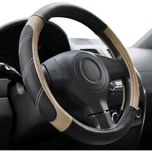 Sport Leather Steering Wheel Cover 14 1/2 inch to 15 inch Universal, Padded Soft Grip Breathable for Car Truck SUV Jeep, Anti Slip Odorless Black and Beige