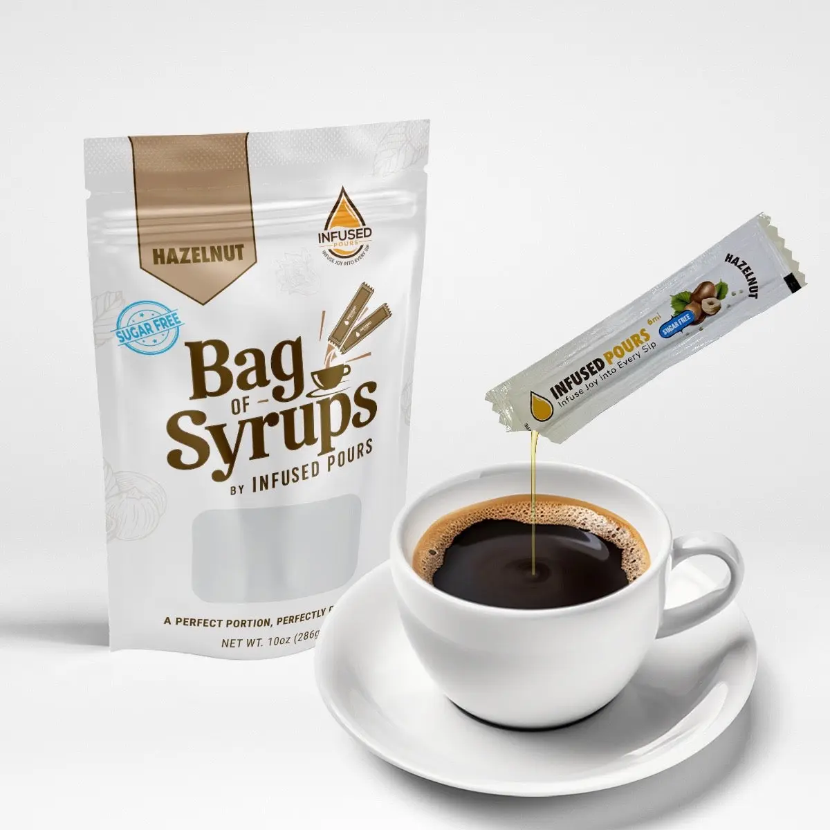 Single Serving Sugar Free Hazelnut Syrup Packets for Coffee and Cocktails - 6mL Each, 30 Count - Bag of Syrups by Infused Pours