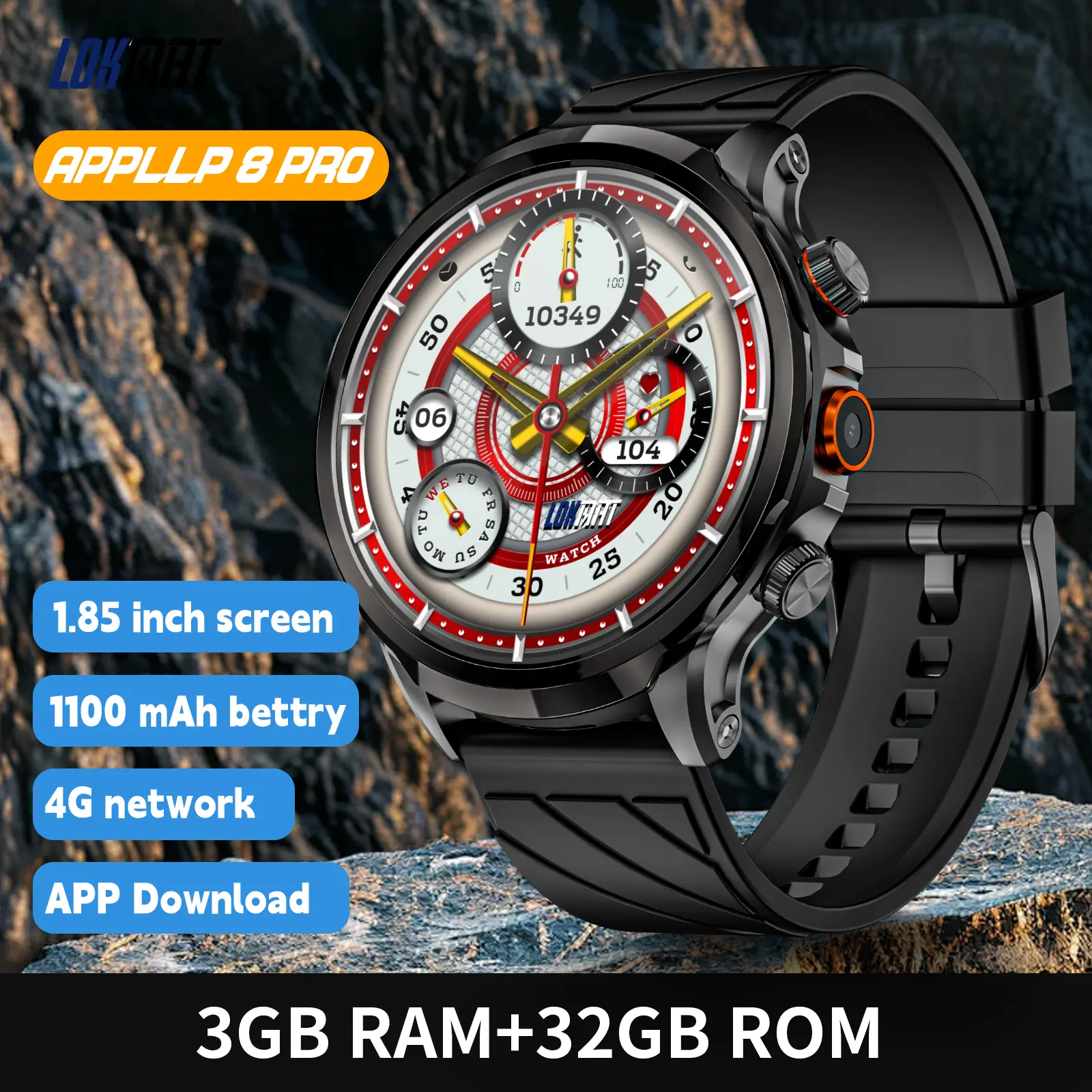 LOKMAT 4G Android Smartwatch Phone Call 1.85'' HD Screen 3GB RAM+32GB ROM Smart Watch for Men Women 1100mAh Sports Fitness Activity Tracker Watch with GPS NFC WiFi Camera