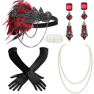 1920s Women Accessories Headband Necklace Gloves Holder Flapper Costume Set 1920s Accessories for Women