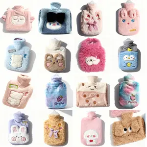 Hot Water Bottle with Cute Fleece Cover for Hot and Cold Compress Hand Feet Warmer Neck and Shoulder Pain Relief Purple Bear Design