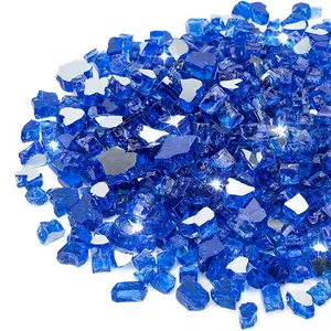 1 LBS Reflective Fireplace Glass Stones (1-2 cm) - Fireproof Sturdy Garden Decor for Outdoor Patio Fire Pit Tables, Blue Utensils Compatible