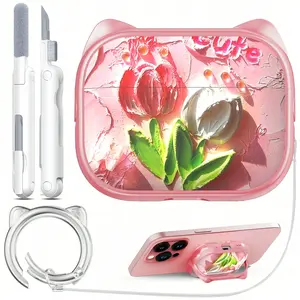 Earbuds Protection Cae for AirPods 4 with Cleaning Kit, Cute Cat Ear Print Design & Cute Buckle, Inverted Phone Holder, Top Safe Lock Buckle Design, for Girls Charging Device outdoorfun