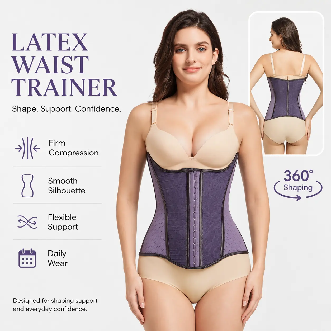 Curved-cut latex waist cincher, front adjustable button placket, elastic fishbone support, breathable mesh for strong tummy control, sports shaping waist trainer