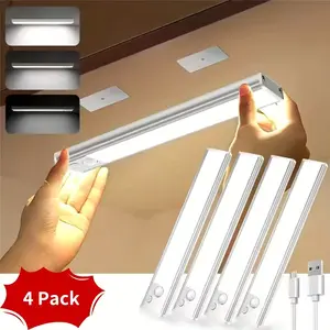 Motion Sensor Under Cabinet Lights 4 Pack, 3 Color Temperatures, Wireless USB Rechargeable, 2200mAh Battery, Magnetic Stick-On, 200 Lumens, Auto & Always-On Modes, Indoor Closet & Kitchen Lighting Dimmable Nightlight